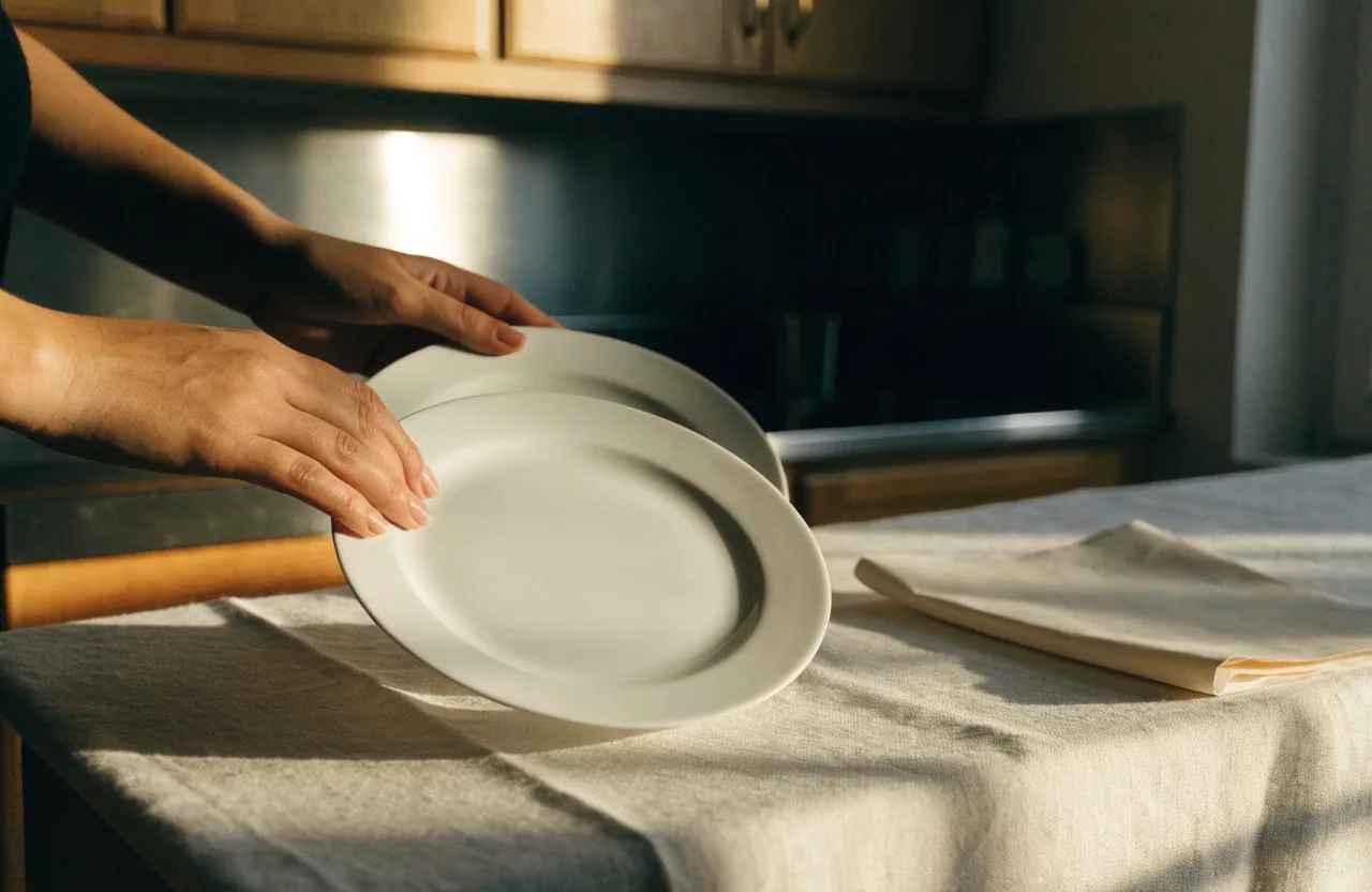 A hand arranging two plain plates on pale linen in low afternoon light, a face-down sheet of paper beside them