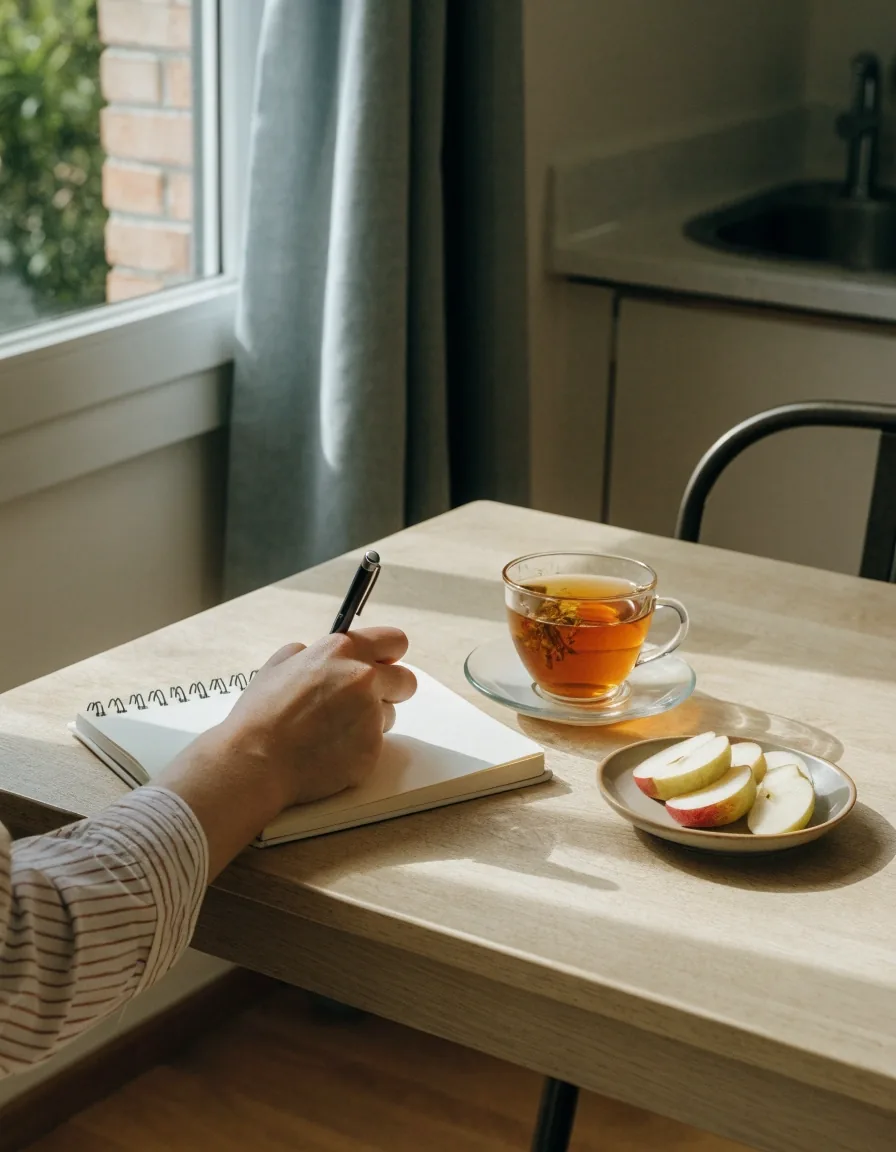 A handwritten food diary page on a pale bench with a pencil resting across it, late afternoon light