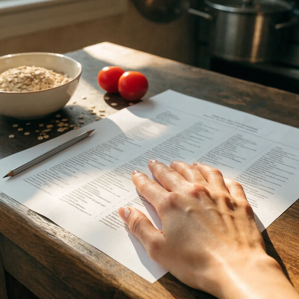 An open food diary and a printed weekly meal plan laid side by side on a kitchen bench with a pencil at rest across the margin under warm sidelight